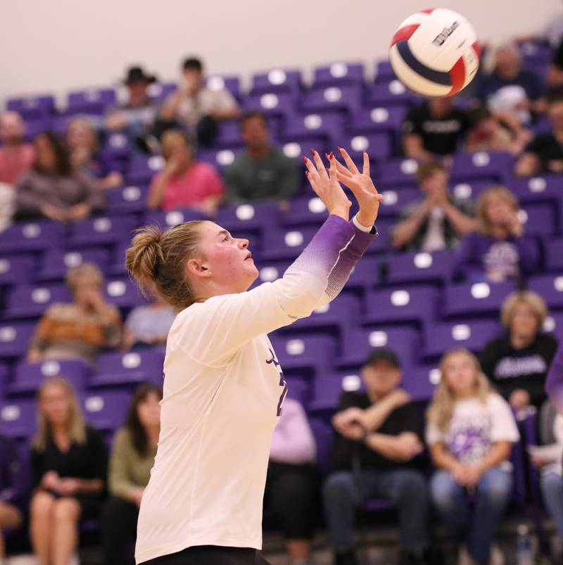 Rochelle's Ermori Mickley sets the ball during their match with Kaneland on Sept. 23, 2025.