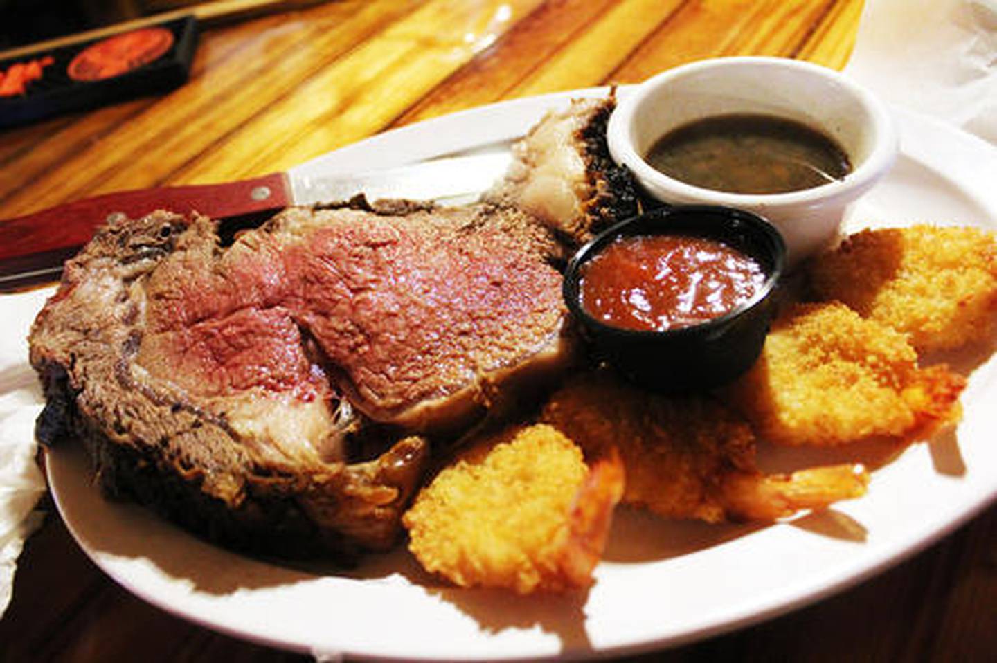 Prime rib and shrimp dinner at Riverview Lodge.