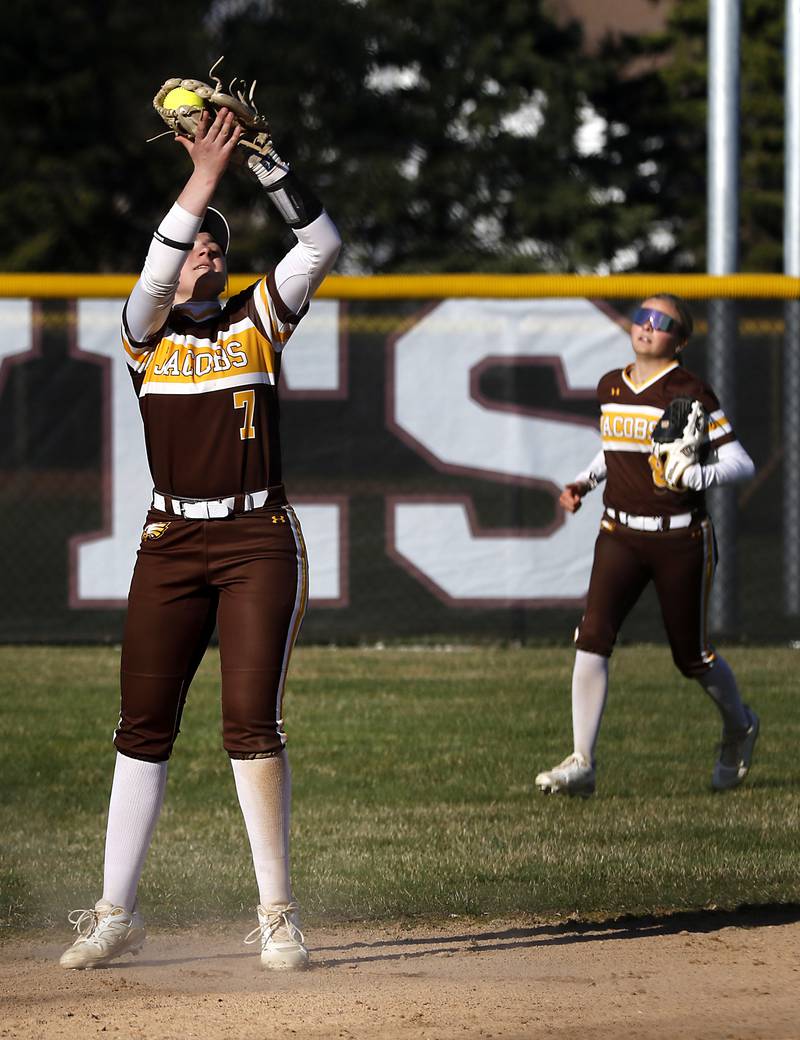 Jacobs' Talia Disilvio catches a fly ball during a Fox Valley Conference softball game against Prairie Ridge on April 8, 2026, at Prairie Ridge High School.