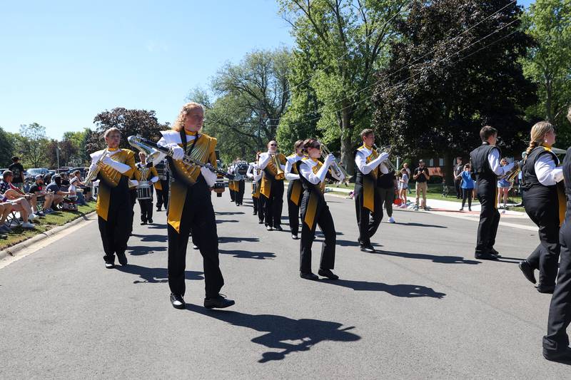 Members of the Herscher High School marching band make the final turn on the parade route during the 104th annual Herscher Labor Day Celebration Grand Parade on Monday, Sept. 1, 2025.
