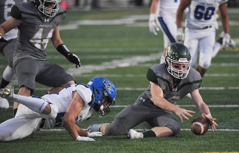 Stevenson’s Erick Wade recovers a loose ball on the opening kickoff to Lake Zurich in a football game in Lincolnshire on Friday, September 8, 2023. Stevenson scored a field goal shortly after.