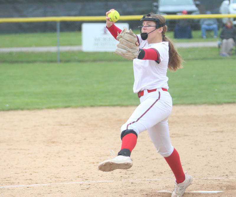 Ottawa's Addie Russell lets go of a pitch to Sycamore on Tuesday, May 5, 2026 at Peck Park in Ottawa.