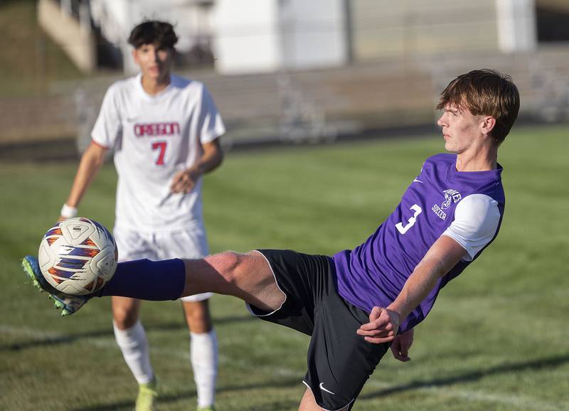 Dixon’s Dylan Osmer works to keep a ball in bounds against Oregon Monday, Sept. 29, 2025.