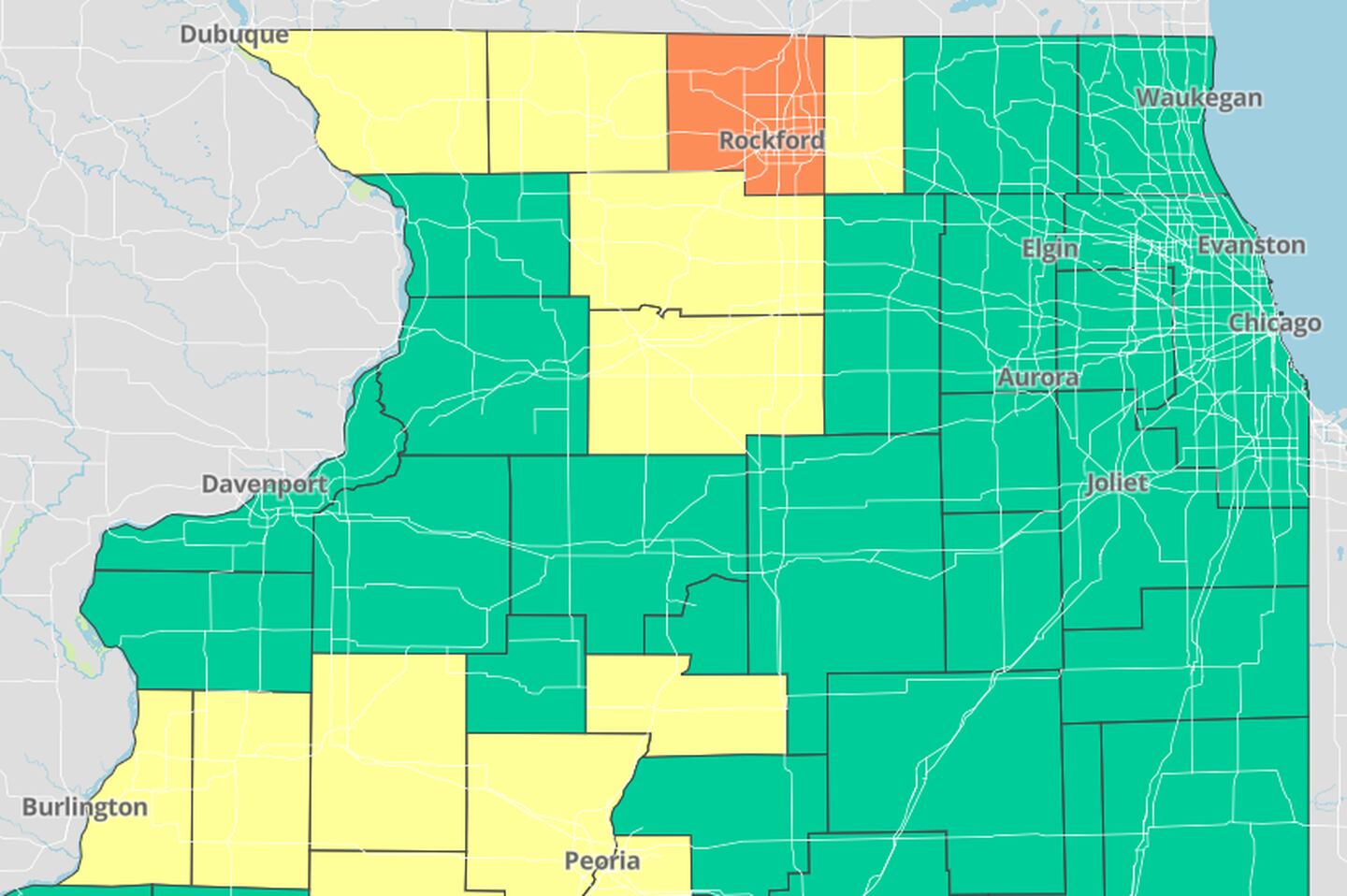 Updated risk rating for COVID-19 for northern Illinois. Winnebago County is at high risk; Lee, Ogle, Boone, Stephenson, Jo Daviess and Marshall counties are at medium risk.