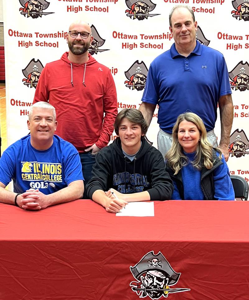 Drake Kaufman, the three-time Times Boys Golfer of the Year and 2024 Ottawa High School graduate, has signed to continue his education at Illinois Central College in East Peoria and his golf career at the NJCAA level with the Cougars. Kaufman is pictured here (seated, center) at his signing ceremony seated alongside his parents, with Ottawa coaches Keith Budzowski, at left, and Mark Cooper standing.