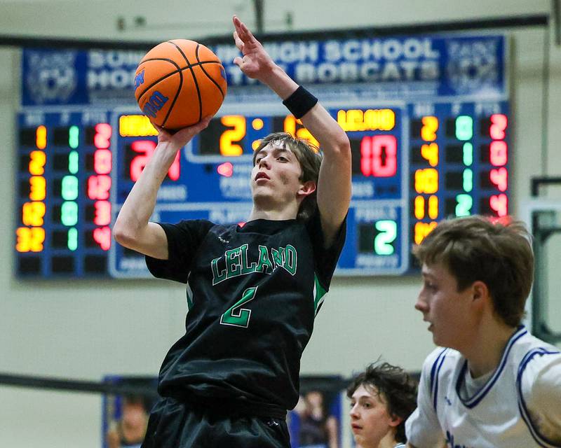 Hayden Spoonmore (2) of Leland pulls up for midrange shot in game against Newark during the quarterfinals of the Little Ten Conference Tournament on Monday, Feb. 2, 2026 at Somonauk High School in Somonauk.