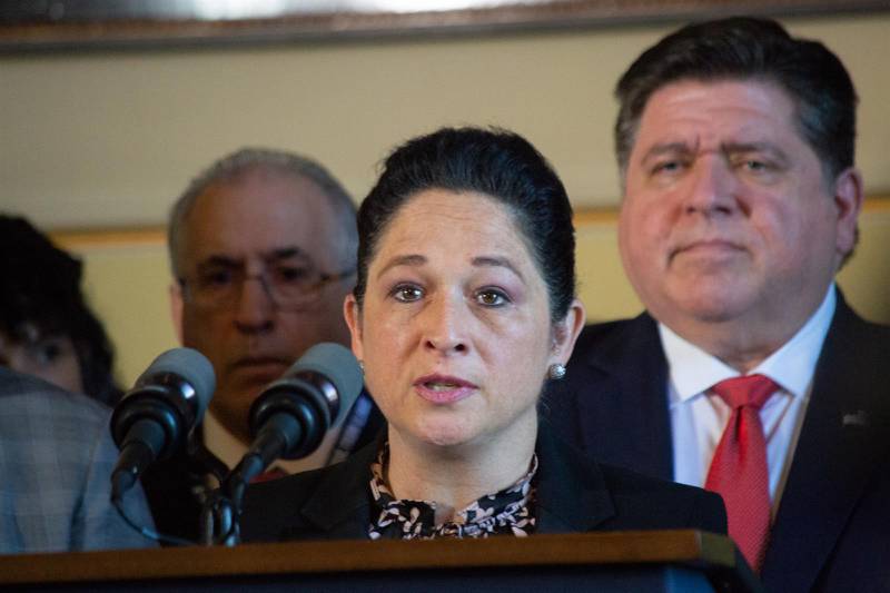 Illinois Comptroller Susana Mendoza is pictured at a news conference in Gov. JB Pritzker's office earlier this year at the Illinois State Capitol.