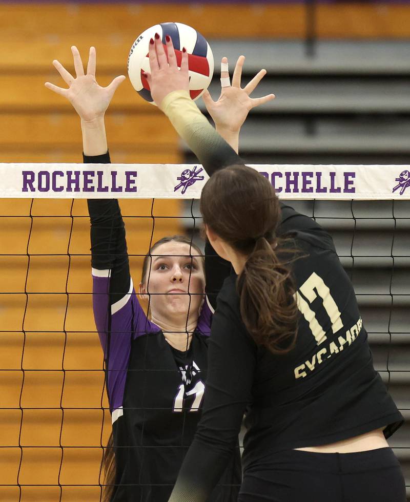 Dixon’s Lucy Feick tries to block Sycamore's Laney Block Thursday, Oct. 30, 2025, during their Class 3A regional championship match in Rochelle