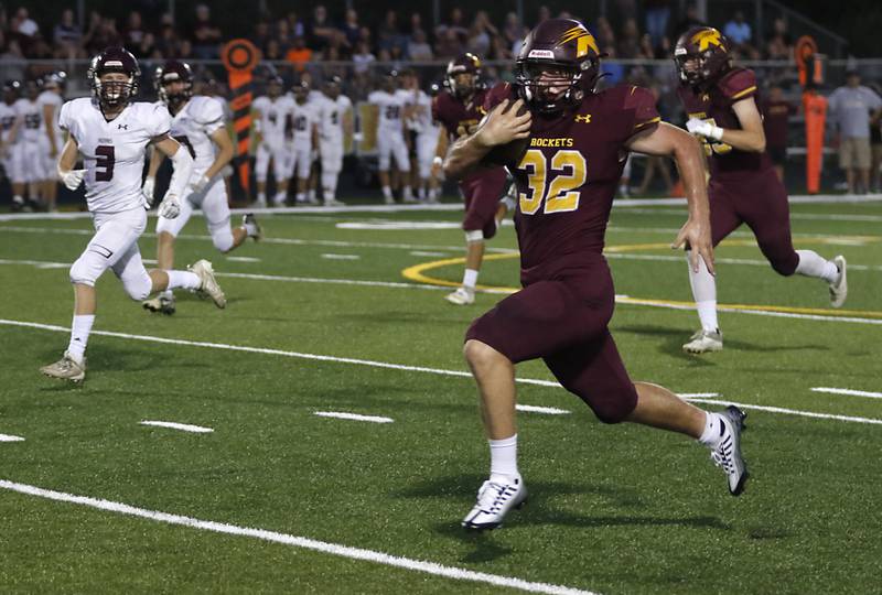 Richmond-Burton’s Steven Siegel  runs for a touchdown during a Kishwaukee River Conference football game Friday, Sept. 9, 2022, between Richmond-Burton and Marengo at Richmond-Burton Community High School.