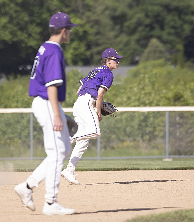 Dixon’s Bryce Feit throws to first against Burlington Central Thursday, May 25, 2023 during a class 3A regional semifinal in Rochelle.