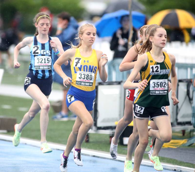 Lyons Township’s Catherine Sommerfeld competes in the 3A 1600 meter run finals during the IHSA Girls State Championships in Charleston on Saturday, May 21, 2022.