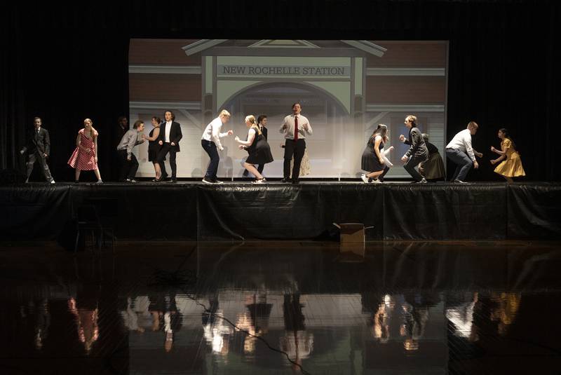 Rock Falls High School students rehearse for their upcoming performances of “Catch Me If You Can” on Tuesday, May 5, 2026, in the high school gym.