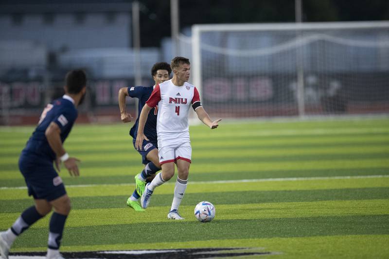 NIU soccer player Harry Jolley works the ball up the field in a September game against UIC. On Friday, November 11, 2022 NIU announced it will be joining UIC in the Missouri Valley Conference after the MAC announced it is not sponsoring men's soccer after the 2022 season.