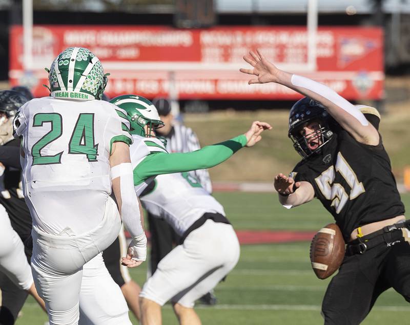Lena-Winslow’s Jeremiah Youtzy blocks a punt against Brown County Friday, Nov. 28, 2025, in the Class 1A football finals at Hancock Stadium at ISU.