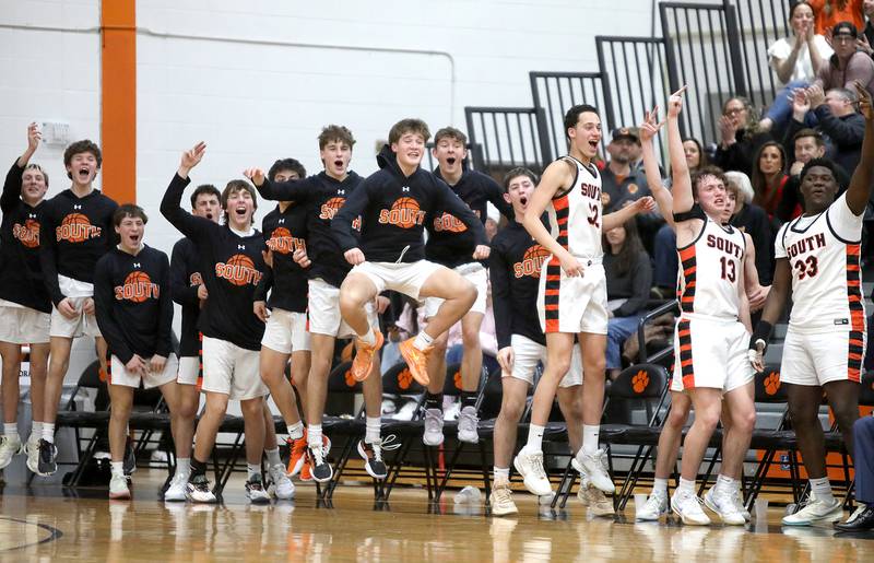 Wheaton Warrenville South's bench erupts during a game against Batavia on Friday, Feb. 14, 2025 in Wheaton.