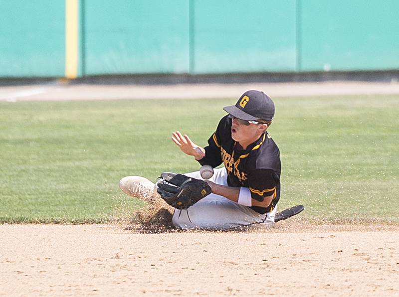 Goreville’s Drake Moss slides but can’t make the play against Newman Saturday, June 3, 2023 during the IHSA class 1A third place baseball game.