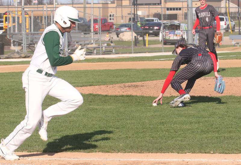 Hall's Izzaq Zrust picks up a ground ball to throw out St. Bede's Ranbir Saini on Monday, March 31, 2025 at Schweickert Stadium in Peru.