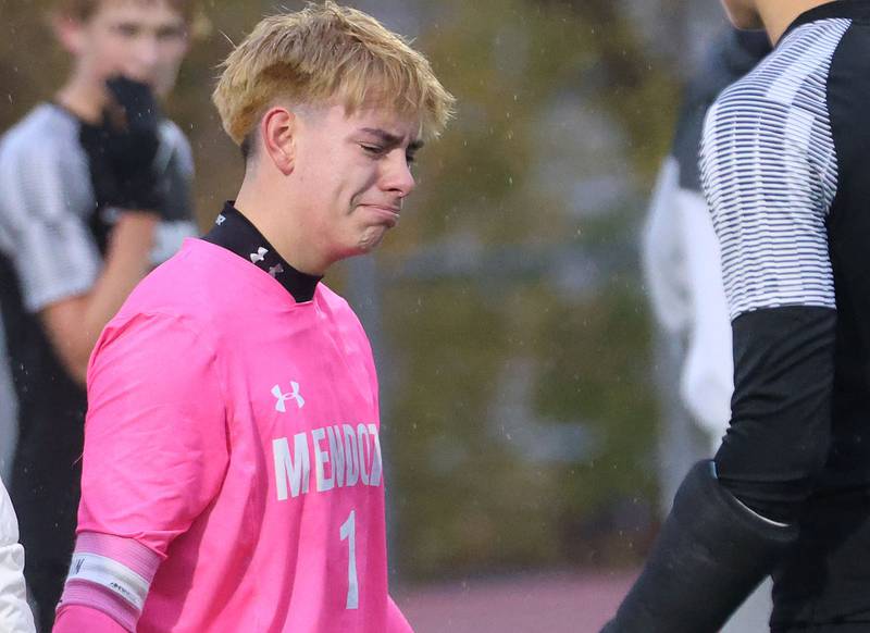 Mendota keeper Mateo Goy reacts after loosing the Class 1A State title game on Saturday, Nov. 8, 2025 at Hoffman Estates High School.
