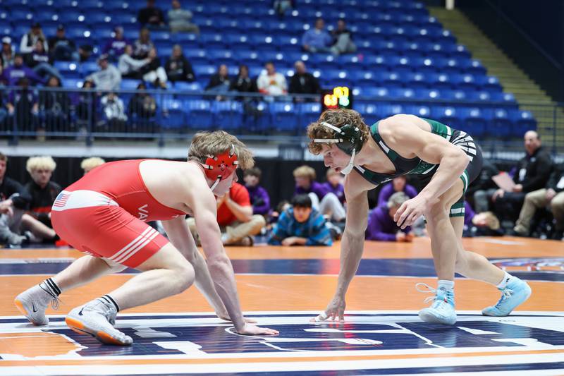 Coal City's Brody Widlowski wrestles Vandalia's Dade Kleinik in the 150-pound match during the Coalers' victory in the IHSA Class 1A Dual Team State championship on Saturday, Feb. 28, 2026.