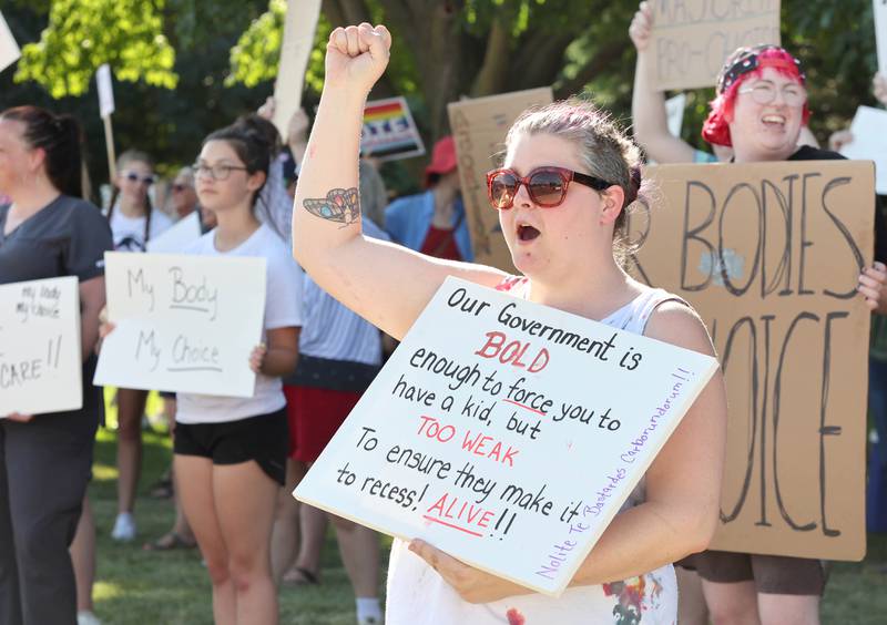 Larissa Vander Kurr, from Sycamore, chants with the crowd Friday, June 24, 2022, during a rally for abortion rights in front of the DeKalb County Courthouse in Sycamore. The group was protesting Friday's decision by the Supreme Court to overturn Roe v. Wade, ending constitutional protections for abortion.