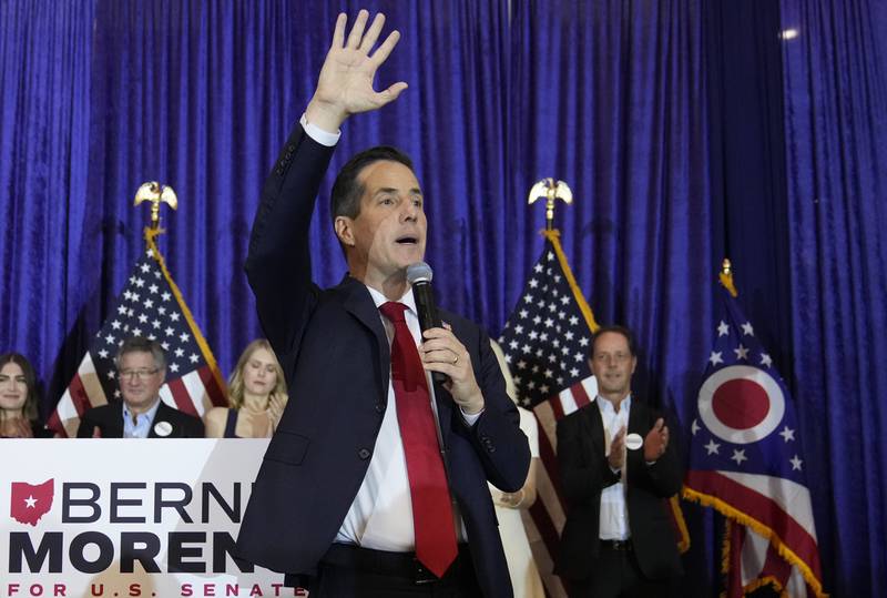 Ohio Republican Senate candidate Bernie Moreno speaks during a watch party on election night, Tuesday, Nov. 5, 2024, in Westlake, Ohio. (AP Photo/Sue Ogrocki)