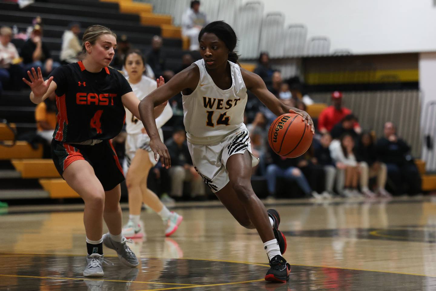 Joliet West’s Destiny McNair drives to the paint against Plainfield East on Thursday, February 2nd.