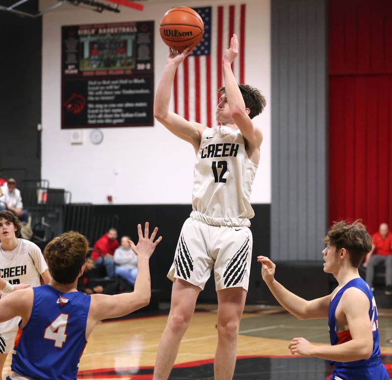 Indian Creek's Jakob McNally shoots a jump shot Wednesday, Jan. 25, 2023, during their game against Genoa-Kingston at Indian Creek High School in Shabbona.