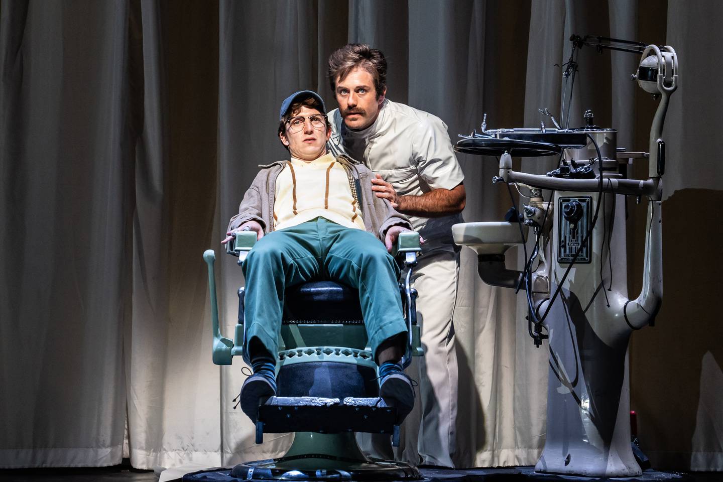 Jack Ball (left) plays Seymour and Russell Mernagh plays sadistic dentist Orin Scrivello, DDS, in Little Shop of Horrors. Paramount Theatre’s 12th Broadway Series runs August 30-October 15, 2023. Landree Fleming directs. For tickets and information, visit paramountaurora.com or call (630) 896-6666. Photo credit: Liz Lauren