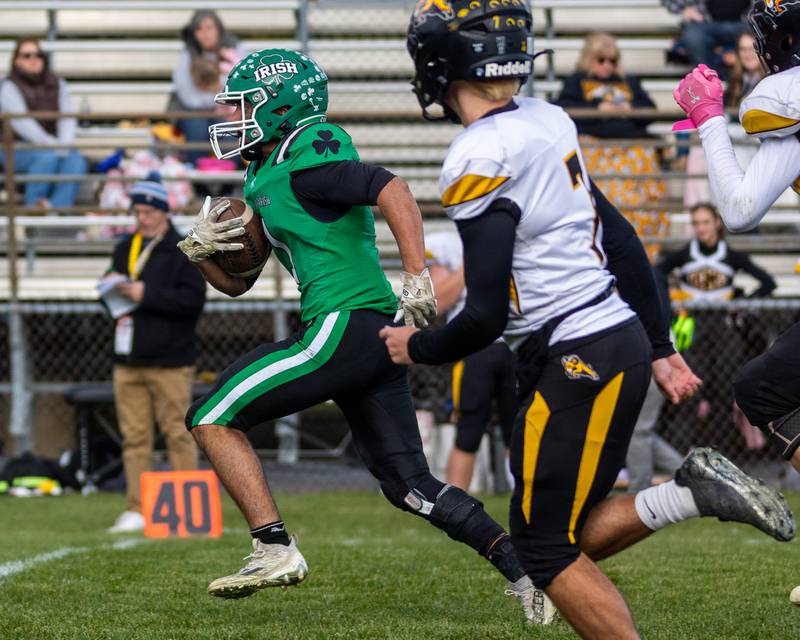 Ethan Othon (1) of Seneca runs ball towards end zone on Saturday, November 1, 2025 at Seneca High School in Seneca.