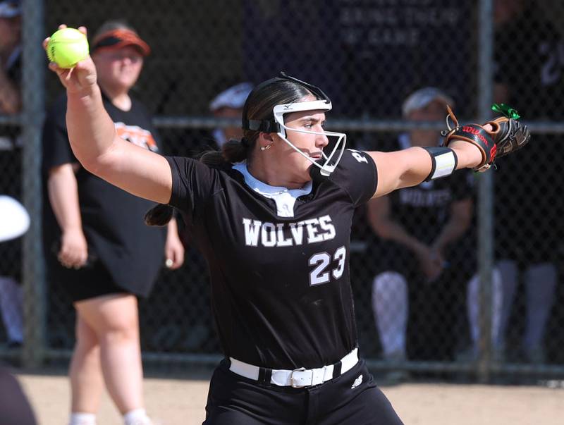 Prairie Ridge's Reese Mosolino delivers a pitch Friday, June 6, 2025, during their Class 3A sectional final game against Crystal Lake Central at Sycamore High School.