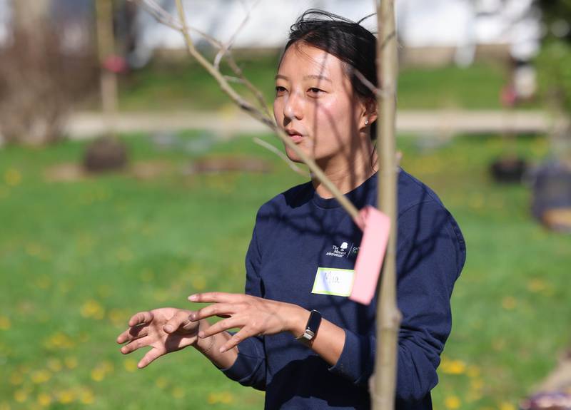 Mia Howerton, CRTI stewardship coordinator with Morton Arboretum, instructs volunteers on the proper way to plant trees Tuesday, April 21, 2026, during the planting event at Elder Care Services in DeKalb. Several trees were planted by volunteers at the location to kick off the DeKalb Township’s 250 Trees for Tomorrow initiative.