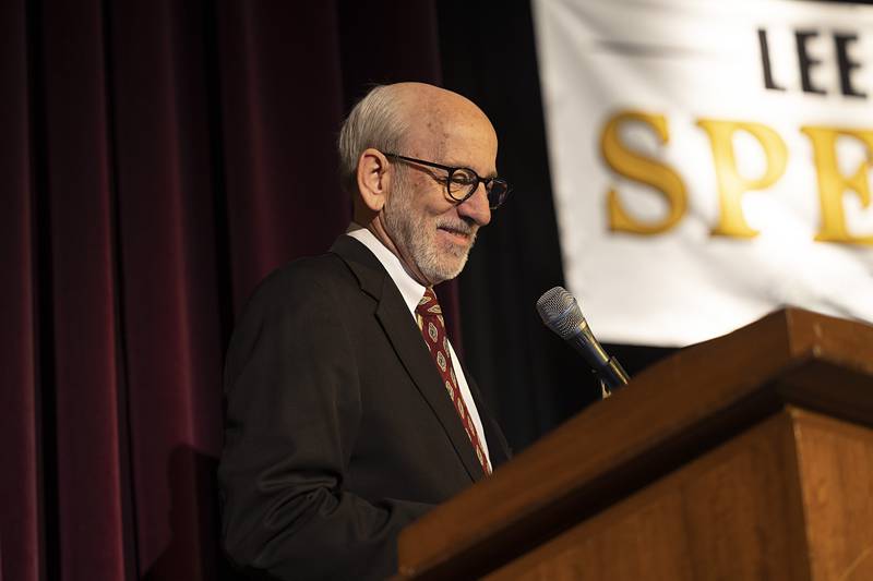 Pronouncer Tom Wadsworth introduces the contestants Thursday, Feb. 19, 2026, during the Lee-Ogle-Whiteside County Regional Spelling Bee.