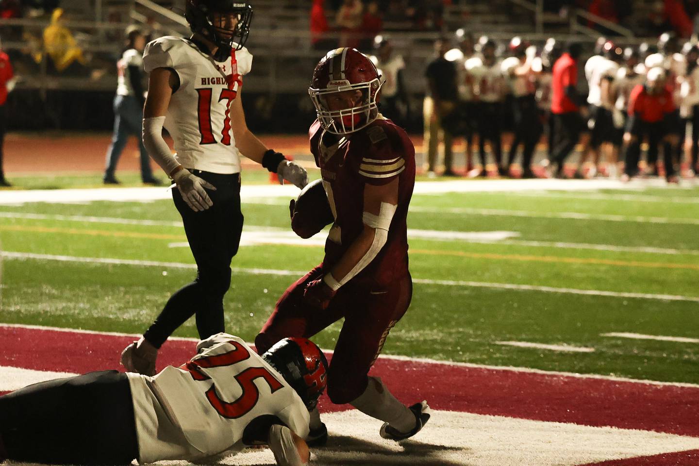 Morris’ Bryce Varner gets up after a rushing touchdown against Highland on Saturday, Nov. 9, 2024 in Morris.