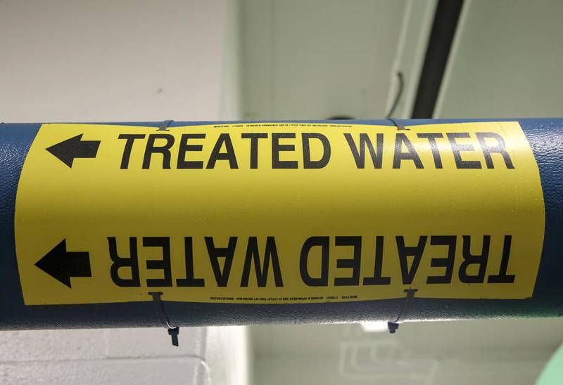 Blue pipes transport treated water through the Joliet Water Treatment Facility on March 22, 2017, in Joliet.