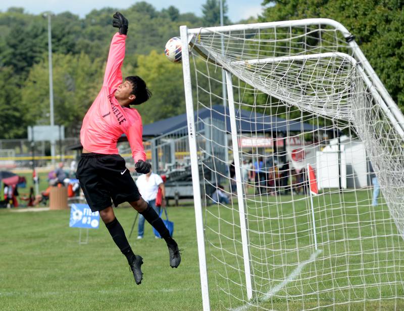 Rochelle goalkeeper Danny J. Garcia (1) defends a shot on Saturday, Aug. 30, 2025 at the Oregon-Stillman Varsity Soccer Tourney at Oregon Park West.