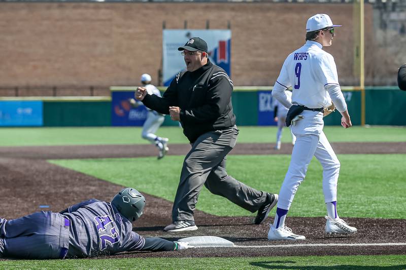 Dixon's Max Clark (42) is thrown out at third after trying for a triple during baseball game between Dixon at Hampshire.  March 28, 2024