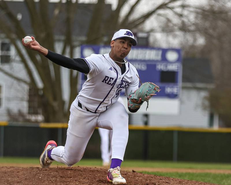 Plano's Jason Phillips (42) delivers a pitch during baseball game between Sandwich at Plano on Thursday, April 9, 2025 in Plano.