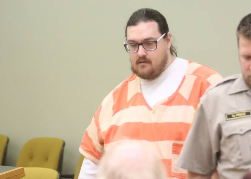 Bradley French, convicted bow-and-arrow murder in the killing of Joshua Scaman in 2015 walks into the courtroom during his sentence hearing on Thursday, Oct. 19, 2023 at the La Salle County Criminal Justice Center in Ottawa. French was sentenced to 15-years in prison.