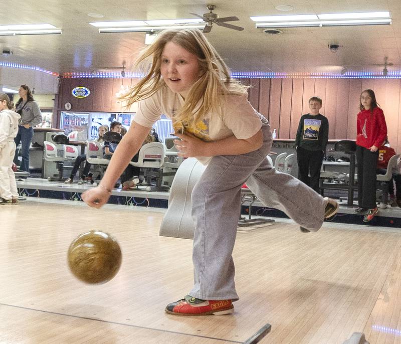 St. Mary’s fifth grader Lauren Gruber eyes the pins Tuesday, Jan. 28, 2025, during the Catholic Schools Week field trip.