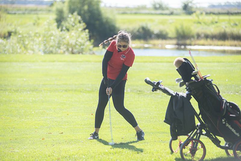 Erie-Prophetstown’s Isabella Johnston takes a shot towards the green on #10 at Deer Valley during class A girls regional golf Thursday, Sept. 29, 2022.