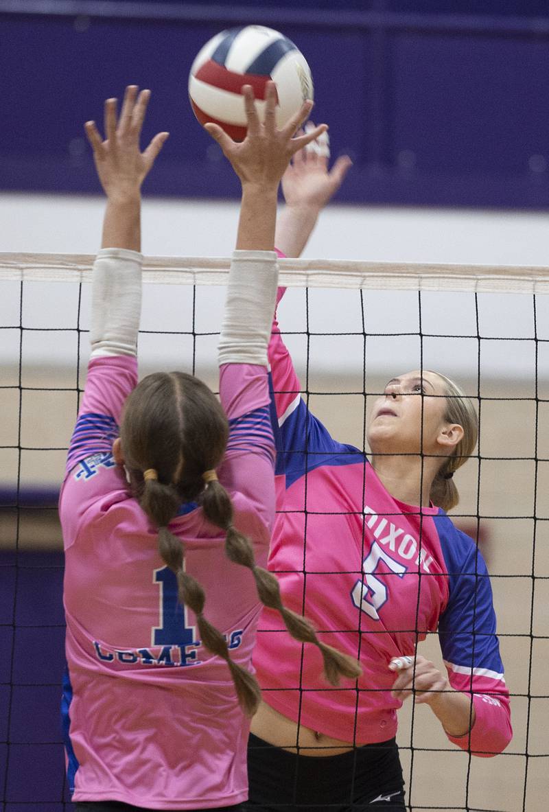 Dixon’s Morgan Hargrave plays the ball against Newman’s Lauren McClain Thursday, Oct. 2, 2025.