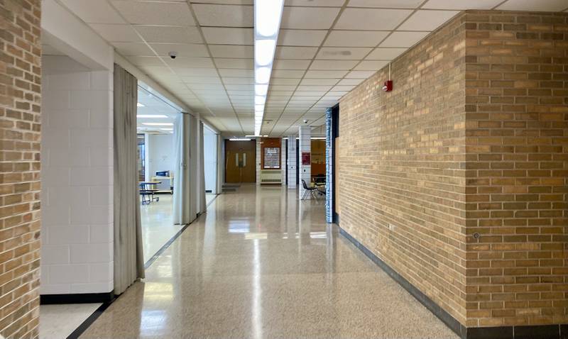 An empty corridor at Sandwich High School, 515 Lions Road, Sandwich, on Nov. 29, 2023.