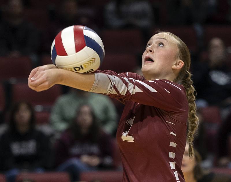 Prairie Ridge's Allison Rogers makes a pass against DePaul College Prep Saturday, Nov. 16, 2024, in the Class 3A third place state volleyball match at CEFCU Arena in Normal.