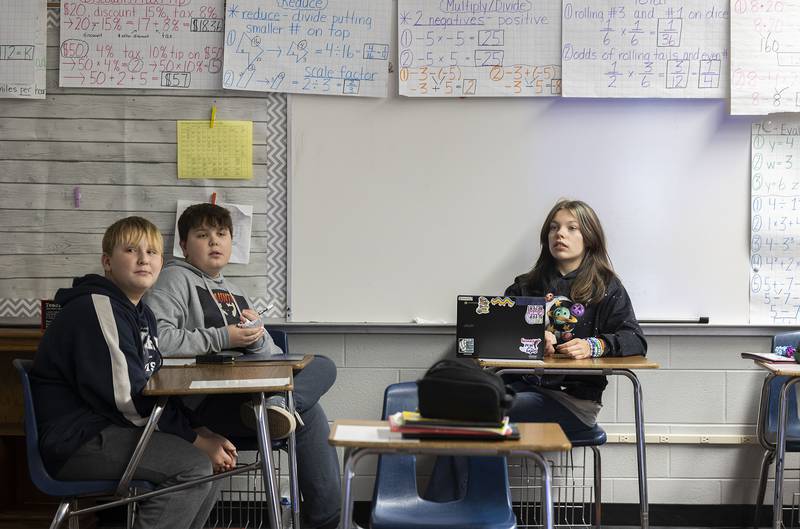 Students work on a trivia question Thursday, Nov. 13, 2025, at East Coloma-Nelson School in Rock Falls.