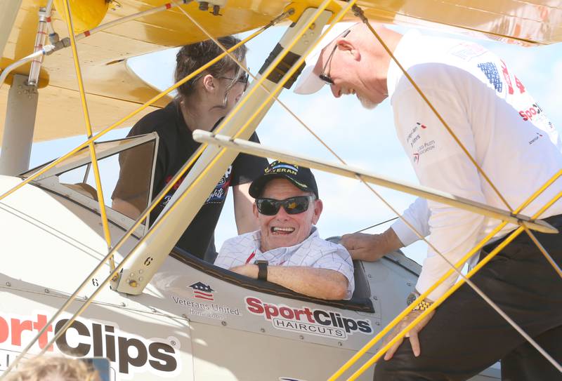 Veteran Lawerance "Mick" Kunkel, reacts after getting into a 1942 Boeing Stearman A-75 Primary Trainer during a Veteran Dream Flight on Tuesday, Sept 2, 2025 at the Illinois Valley Regional Airport in Peru.