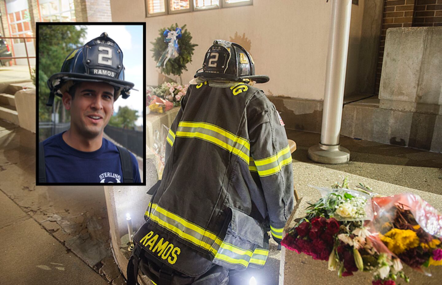 Composite image of Garrett Ramos and the memorial constructed shortly after his death while fighting a fire Dec. 4, 2021, in Rock Falls.