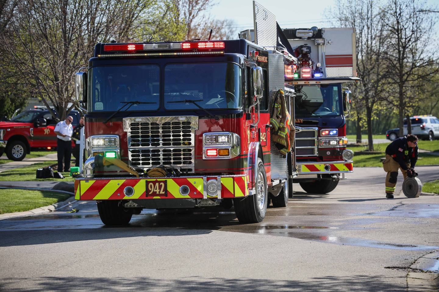 The Huntley Fire Protection District responded Thursday, April 27, 2023, to a structure fire in the 2200 block of Litchfield Lane, Lake in the Hills, where crews found a two-story single-family home with fire in the two-car attached garage.