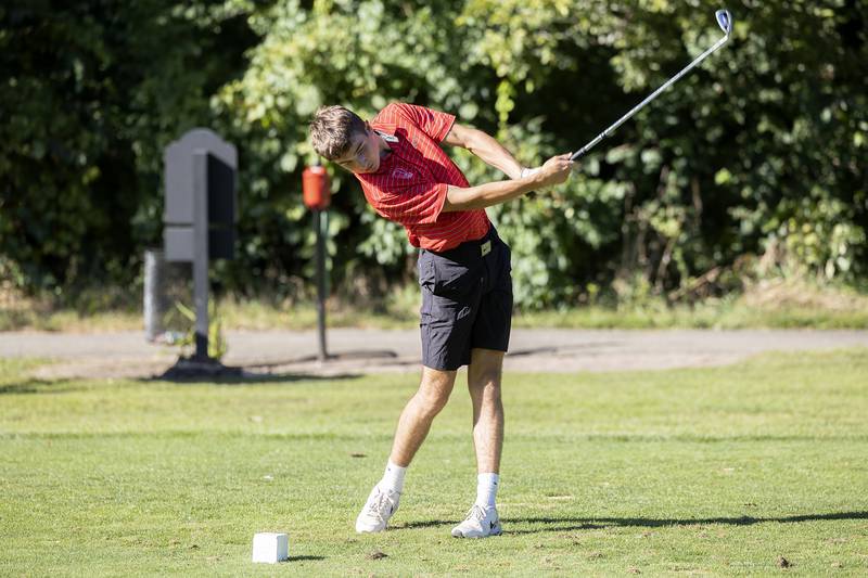 Oregon’s Cameron Folk takes a shot towards the green on #11 against Rock Falls Tuesday, Sept. 3, 2024, at Silver Ridge Golf Club in Oregon.