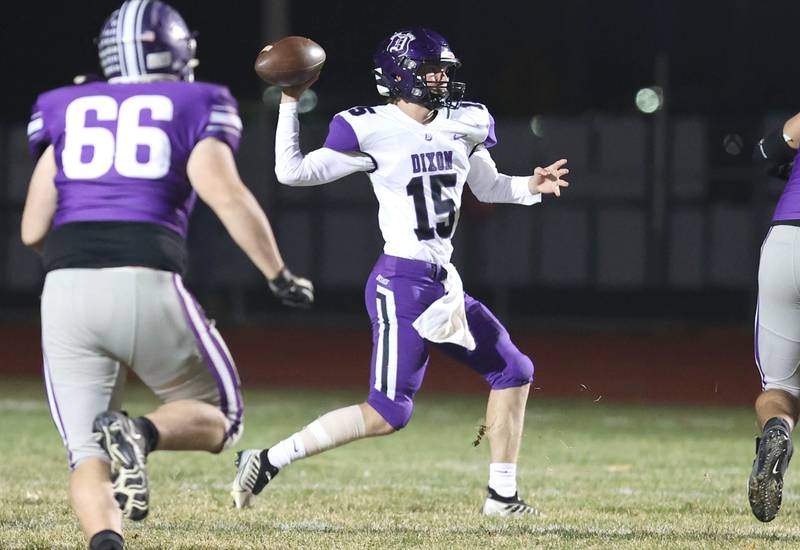 Dixon’s Tyler Shaner throws a pass during their first round playoff game against Rochelle Friday, Oct. 28, 2022, at Rochelle High School.