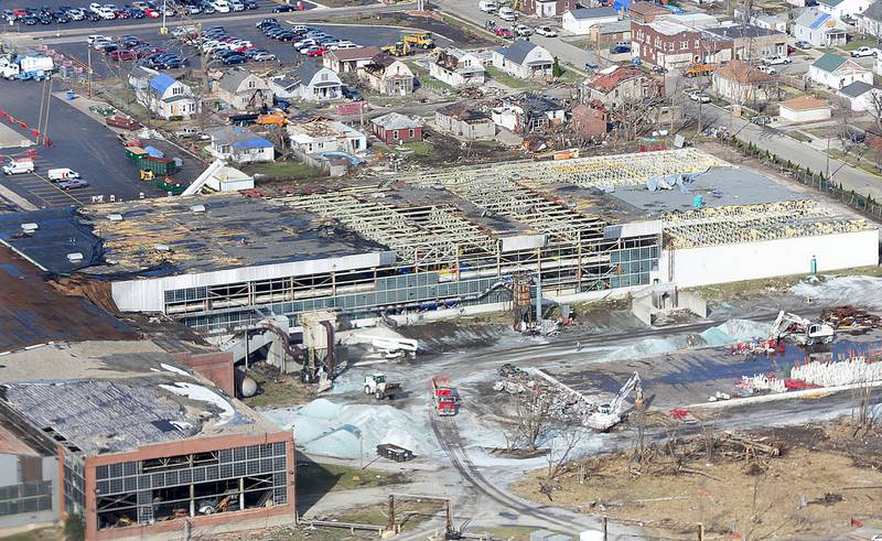 An aerial photo of the damage of the Pilkington plant on Wednesday, March 1 2017 in Naplate.